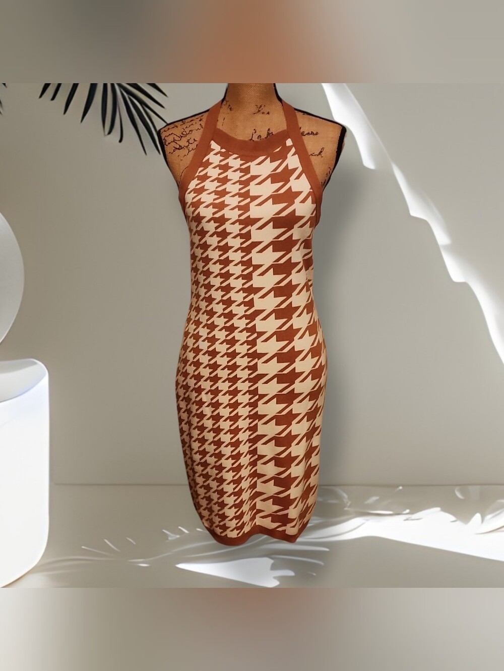 Promesa Brown & Cream Houndstooth Halter Midi Dress